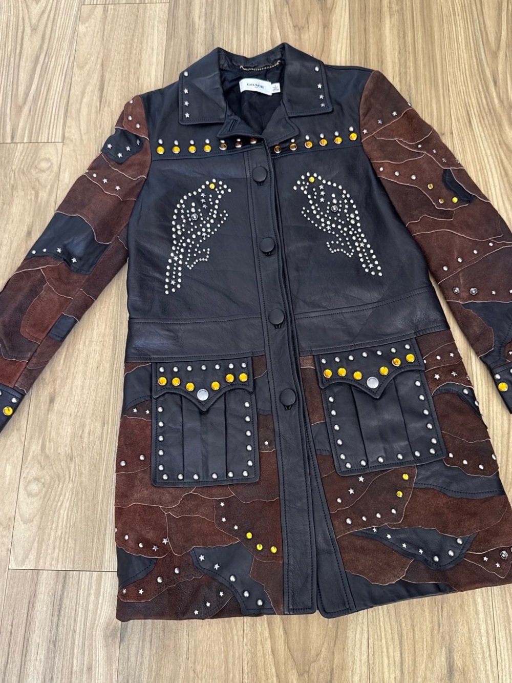 Coach Black Leather & Brown Suede Studded Patchwork Jacket